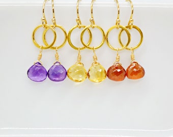 Minimalist Gemstone Earrings, Eternity Circle & Gemstone Earrings, Gemstone Dangle Earrings, Amethyst Citrine Hessonite Garnet, Jewel Tones