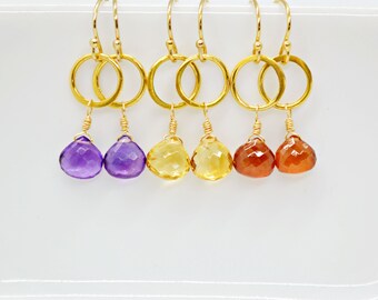 Minimalist Gemstone Earrings, Eternity Circle & Gemstone Earrings, Gemstone Dangle Earrings, Amethyst Citrine Hessonite Garnet, Jewel Tones
