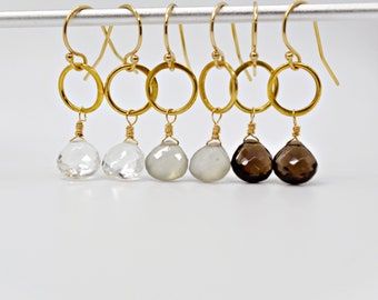 Gemstone Dangle Earrings, Circle Link Earrings, Minimalist Gemstone Earrings, Neutral Tones, Smoky Quartz, Gray Moonstone, Clear Quartz