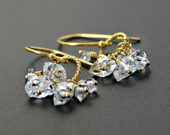 Herkimer Diamond Quartz Cluster Earrings - Clear Stone Clusters, Herkimer Diamond Earrings, Clear Quartz Earrings, Gold Earrings