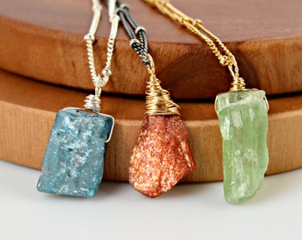 Raw Crystal Necklace, Sunstone Necklace, Blue Kyanite Necklace, Green Kyanite Necklace, Your Choice, Rough Gemstone Necklace Satellite Chain