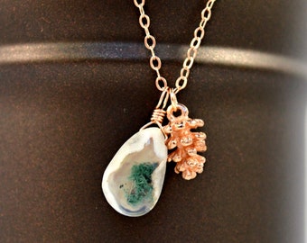 Rose Gold Pine Cone Charm & Peacock Solar Quartz Necklace - Ivory and Mossy Green Gemstone, Pine Cone Necklace, Rose Gold Necklace, Layering