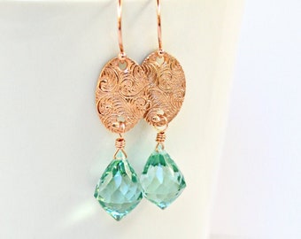 Aqua Quartz & Rose Gold Earrings - Fancy Cut Aqua Quartz Chandelier, Spiraling Vine Rose Gold Oval Links, Rose Gold Earrings, Blue Green Gem