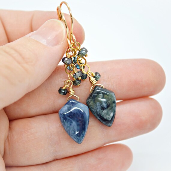 Deep Teal Blue Opal and Kyanite Earrings, Teal Blue Earrings, Blue Opal, Teal Moss Kyanite, Gold Earrings, Blue Gemstone Cluster, Blue Green