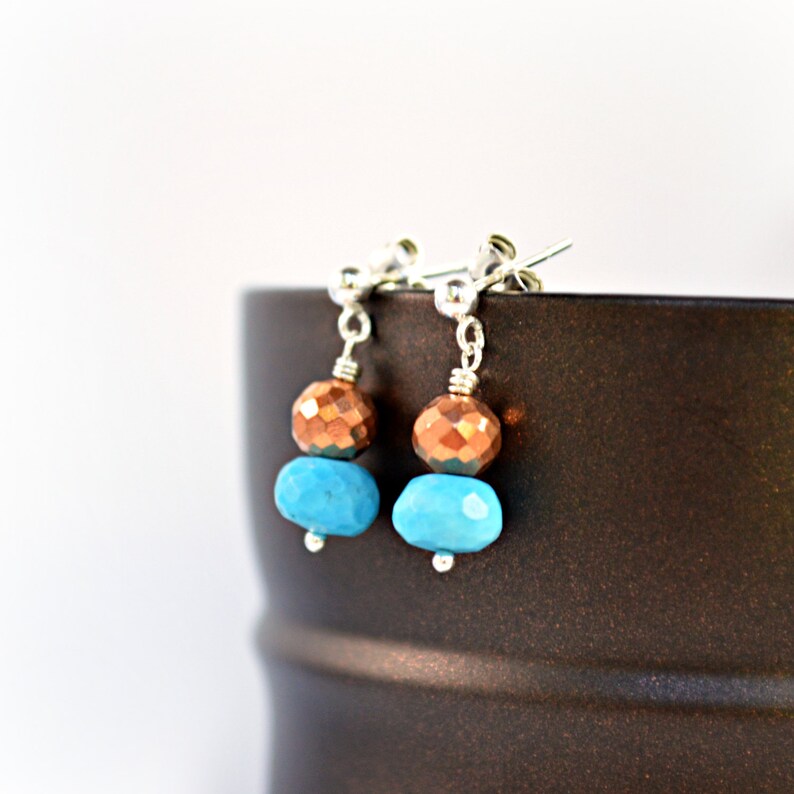Copper and Turquoise Earrings, Silver Post Earrings, Copper Pyrite, Turquoise Howlite, Stacked Earrings, Silver Earrings, Post Earrings image 3