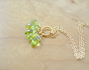 Green Gemstone Cluster Necklace - Peridot Cluster on Twisted Gold Ring Necklace, Peridot Necklace, Green & Gold Necklace, August Birthstone
