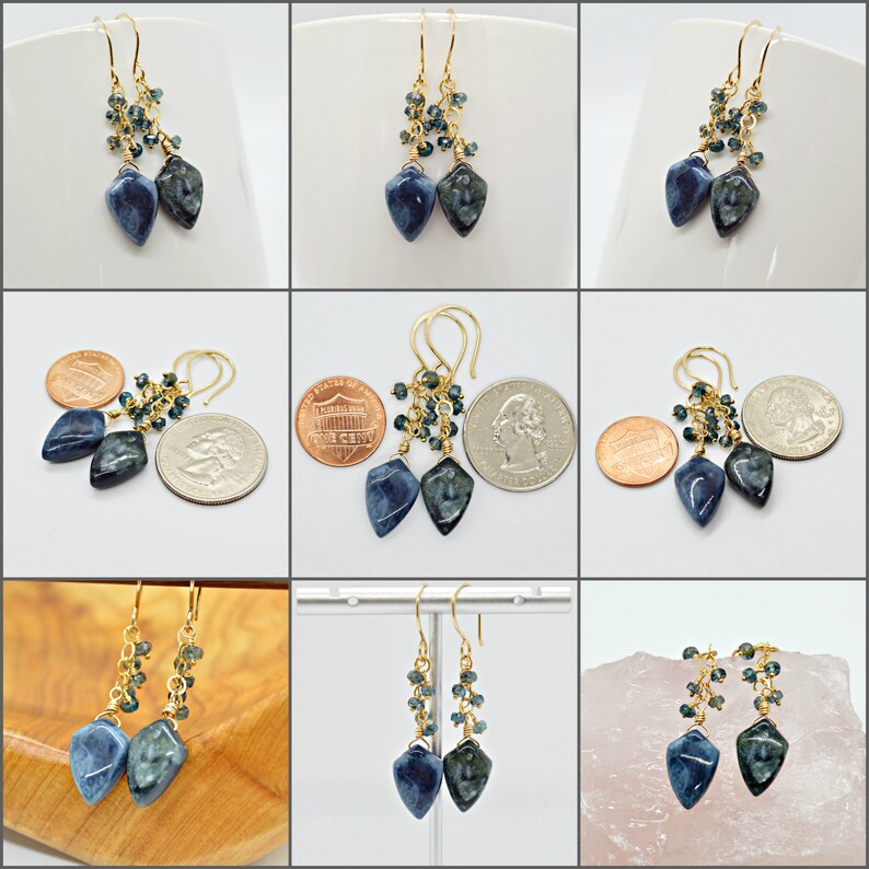 Deep Teal Blue Opal and Kyanite Earrings, Teal Blue Earrings, Blue Opal, Teal Moss Kyanite, Gold Earrings, Blue Gemstone Cluster, Blue Green afbeelding 10