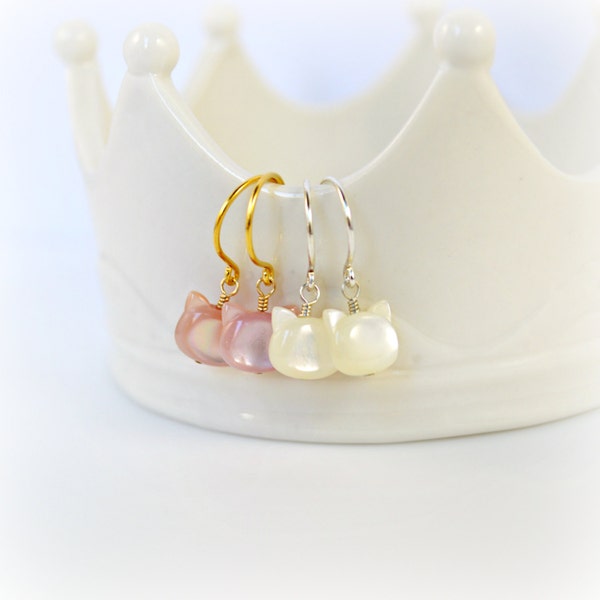 Cat Earrings, Mother of Pearl Cat Head Earrings/Pink Kitten Earrings/White Kitten Earrings/White Cat Earrings/Pink Cat Earrings/Your Choice