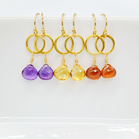 Minimalist Gemstone Earrings, Eternity Circle & Gemstone Earrings, Gemstone Dangle Earrings, Amethyst Citrine Hessonite Garnet, Jewel Tones