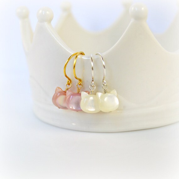 Cat Earrings, Mother of Pearl Cat Head Earrings/Pink Kitten Earrings/White Kitten Earrings/White Cat Earrings/Pink Cat Earrings/Your Choice