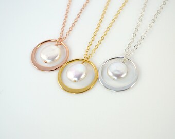 Eternity Circle Pearl Pendant Necklace, Circle Link White Coin Pearl Pendant, Pearl Pendant Necklace, Your choice of finish, ONE necklace