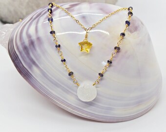 Moon & Star Necklace - Citrine Star, White Druzy Moon, Gold Necklace, Gold Star, White Moon, Full Moon, Blue Iolite, Celestial Necklace