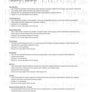 May include: A white cheat sheet titled "PepPals Peptides" with detailed information on various peptides, including Semaglutide, Tirzepatide, and Retatrutide. The text is in black font on a white background.