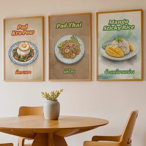 Thai Food Poster Set – Pad Thai, Mango Sticky Rice & Pad Krapow Prints | Colorful Kitchen Wall Art Bundle | Asian Artwork Dining Room Decor