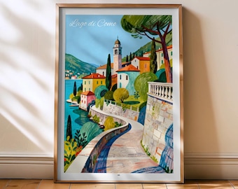 Lake Como Painting, Lake Como Travel Poster Print, Lake Como fine art illustration, Lake Como Italy