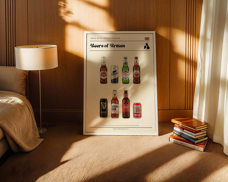 Beers of Britain Poster – British Beer Print – Carling Stella Wall Art – Retro England Travel Decor – Gift for Beer Lovers