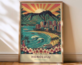 Honolulu poster, Honolulu, Hawaii print, Honululu hawaii, hawaii poster, hawaii home decor, hawaii wall art, USA travel print