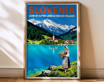 Póster de Eslovenia, impresión de Eslovenia, impresión de viaje, arte mural de Eslovenia, póster del lago Bled, impresión de viaje de Eslovenia