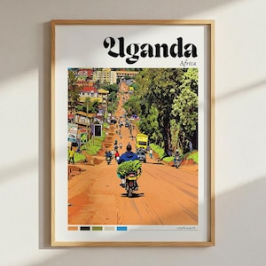 Uganda Travel Print - Uganda Poster, Bold Color Travel Wall, Vintage Style Map Wall Art, Africa Decor