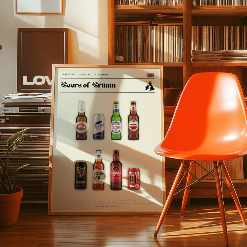 Beers of Britain Poster – British Beer Print – Carling Stella Wall Art – Retro England Travel Decor – Gift for Beer Lovers