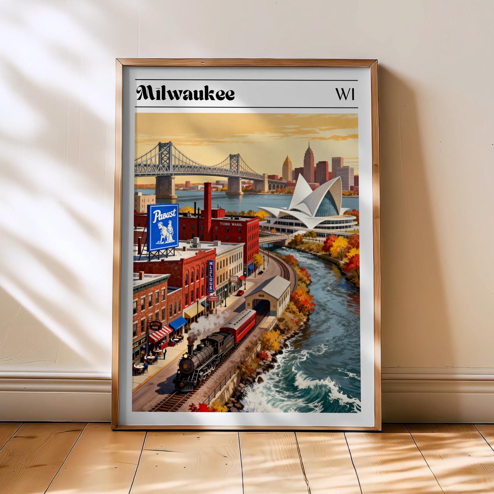 Impression de Milwaukee, affiche de Milwaukee, art mural de Milwaukee, art de Milwaukee, Milwaukee Wisconsin, carte de Milwaukee, voyage aux États-Uni