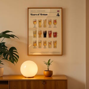 May include: A framed poster titled "Beers of Britain" displays illustrations of various beer glasses. The poster is mounted on a light-colored wall above a wooden cabinet. A round, white lamp and a potted plant are on the cabinet.