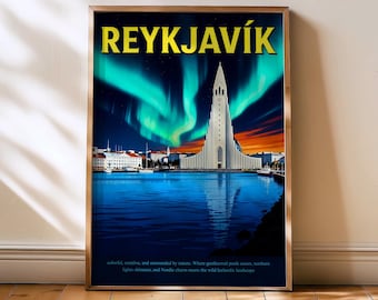 reykjavic noorderlichtposter, reykjavic vintage muurkunst, reykjavic ijsland, noorderlichtkunst, reykjavic reisafdruk