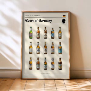 May include: A framed print displaying various German beer bottles. The print is titled "Beers of Germany" and includes the German flag and a map outline. The bottles are arranged on a cream background, showcasing a variety of shapes and colours.