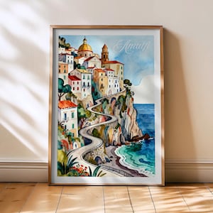 Amalfi watercolor painting, Amalfi coast poster print, Vintage Amalfi art, Amalfi gift, Italian home decor, Amalfi illustration