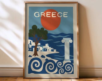 Greece retro print, midcentury greece print, greece poster, retro travel poster, retro greece poster, retro greece print, greece waves