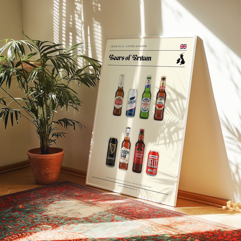 Beers of Britain Poster – British Beer Print – Carling Stella Wall Art – Retro England Travel Decor – Gift for Beer Lovers
