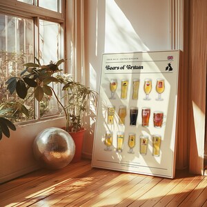 May include: A framed poster titled "Beers of Britain" featuring illustrations of various beer glasses. The poster includes the Union Jack flag and a map of the United Kingdom. The poster is displayed in a room with a disco ball and plants.