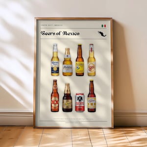 May include: A framed print titled "Beers of Mexico" displaying illustrations of various Mexican beer bottles and a can. The print includes the Mexican flag and a map outline. The beers are arranged in rows on a cream background.