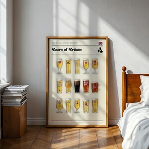 May include: A framed poster titled "Beers of Britain" featuring illustrations of various beer glasses. The poster includes the Union Jack flag and a map of the UK. The poster is displayed in a room with a wooden bed frame and a stack of books.