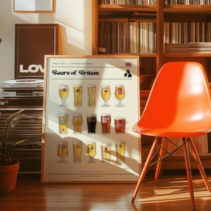 May include: A framed poster titled "Beers of Britain" featuring illustrations of various beer types. The poster is displayed on a wooden floor, with an orange chair and a record player visible in the background. The poster includes the text "Issue No 11: United Kingdom".