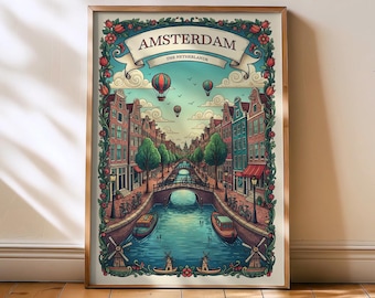 Amsterdam canal wall art, amsterdam painting, amsterdam poster print, netherlands print, netherlands poster, canal artwork, wanderlust mural