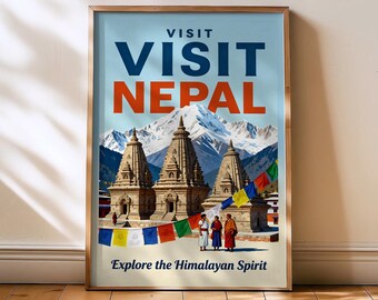 Nepal travel print - Visit Nepal , Nepal poster, Nepal travel poster, everest poster, vintage nepal art, nepal art, vintage airline poster