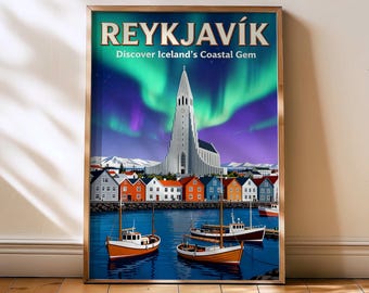 Reykjavic reisafdruk, reykjavic vintage kunst aan de muur, reykjavic ijsland, noorderlichtkunst, noorderlichtposter, reykjavic poster