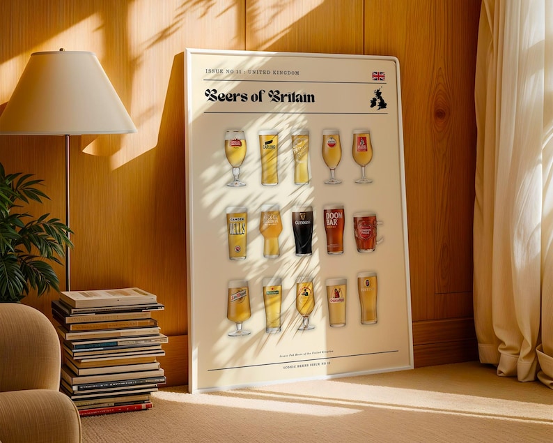 May include: A framed poster titled "Beers of Britain" featuring illustrations of various beer glasses and cans. The poster includes the Union Jack flag and a map of the UK. The background is a light beige color.