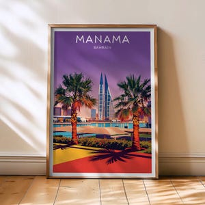 May include: Framed art print featuring a vibrant illustration of Manama, Bahrain. The artwork showcases palm trees, modern skyscrapers, and the city skyline against a purple sky. The text "MANAMA BAHRAIN" is displayed at the top of the print.