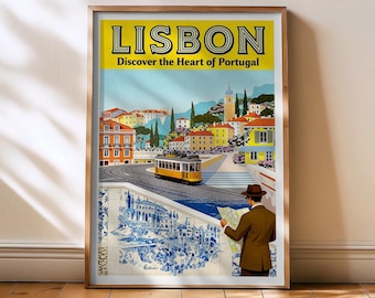 Lisbon Travel print, Lisbon poster, Lisbon portugal, Lisbon art, lisbon wall decor, portugal home decor, Lisbon Mural, Lisbon retro poster