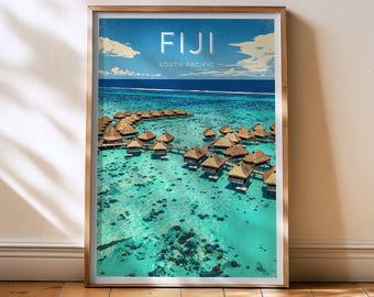 Fiji Travel Print - South Pacific Poster, Fiji retro wall art, Oceania decor, Tropical Beach Art, Fiji Islands Gift, Bula Shores Wall Art
