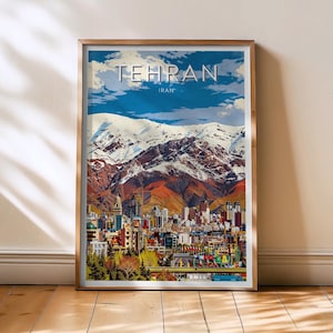 May include: A framed art print featuring a vibrant depiction of Tehran, Iran. The artwork showcases a cityscape with colorful buildings set against a backdrop of snow-capped mountains and a blue sky. The word "TEHRAN" is displayed at the top.