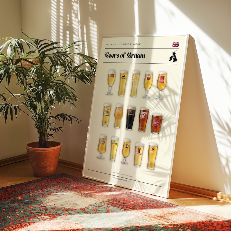 May include: A framed poster titled "Beers of Britain" featuring illustrations of various British beers in different glasses. The poster includes the Union Jack flag and a map of the UK. The poster is leaning against a wall, with a potted plant and a patterned rug in the foreground.