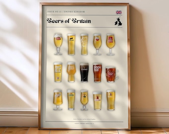 British Pub Beer – Britain Beers Print – Carling Stella Guinness Wall Art – Retro England Travel Decor – Gift for Beer Lovers