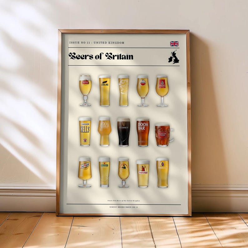 May include: A framed print titled "Beers of Britain" featuring illustrations of various beer glasses. The print includes the Union Jack flag and a map of the United Kingdom. The poster is displayed on a wooden floor.