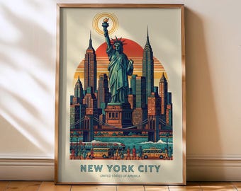 Póster de la ciudad de Nueva York, impresión de Nueva York, póster de Manhattan, arte mural de Nueva York, póster de viajes de Nueva York, viajes a EE. UU., póster de viajes retro, ciudad
