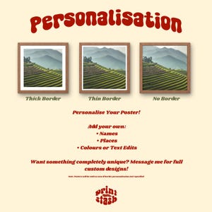 May include: An image showcasing three framed landscape posters with varying border styles: thick, thin, and no border. The text "Personalisation" is at the top, with options to personalize the poster with names, places, and colors. The Print Stash logo is at the bottom.