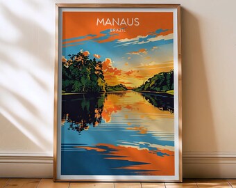 Impresión de viaje a Manaos: póster de Brasil, arte vintage de Manaos, decoración de pared de Sudamérica, paisaje urbano, regalo de viaje a Manaos