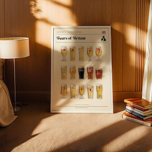 May include: A framed poster titled "Beers of Britain" displays illustrations of various beer glasses. The poster is in a white frame and is leaning against a wooden wall. A lamp and a stack of books are also visible.